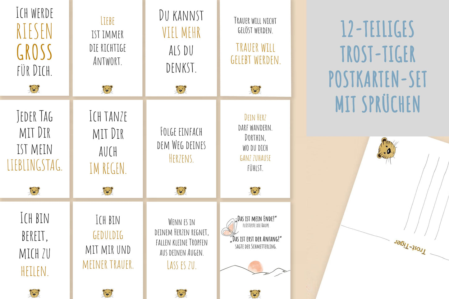 Das große 12-teilige Trost-Tiger Postkarten-Set mit mutmachenden Sprüchen