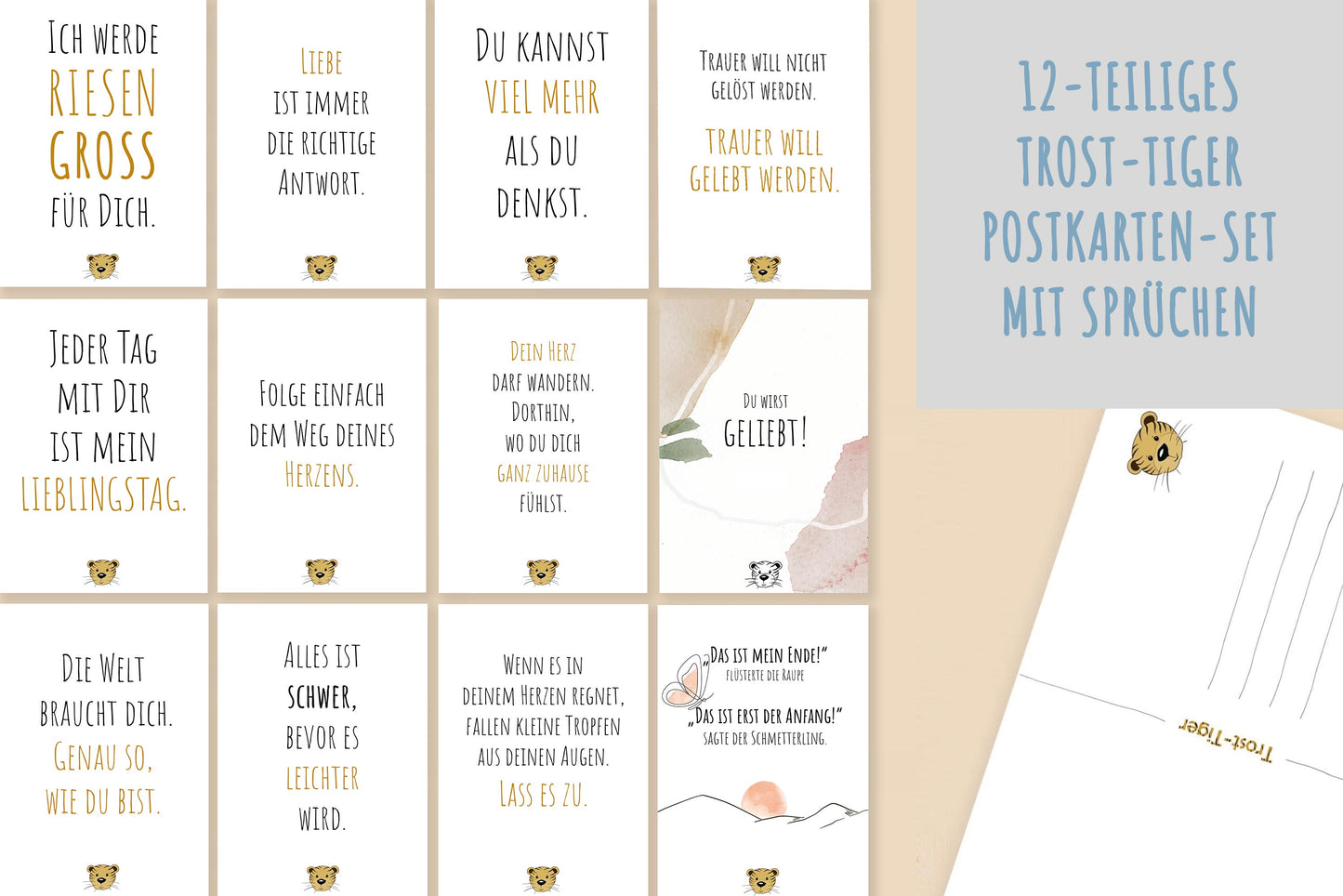 Das große 12-teilige Trost-Tiger Postkarten-Set mit mutmachenden Sprüchen