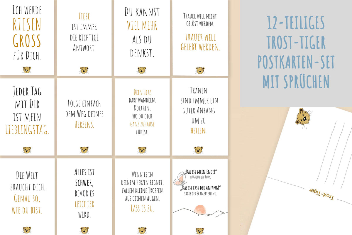 Das große 12-teilige Trost-Tiger Postkarten-Set mit mutmachenden Sprüchen
