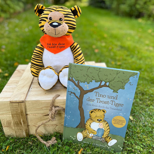 Mittleres Trost-Tiger Kinderbuch-Paket mit Halstuch