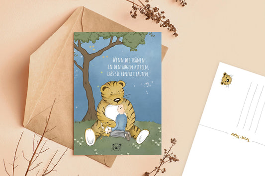 Trost-Tiger Postkarte mit Spruch "Wenn die Tränen kitzeln"