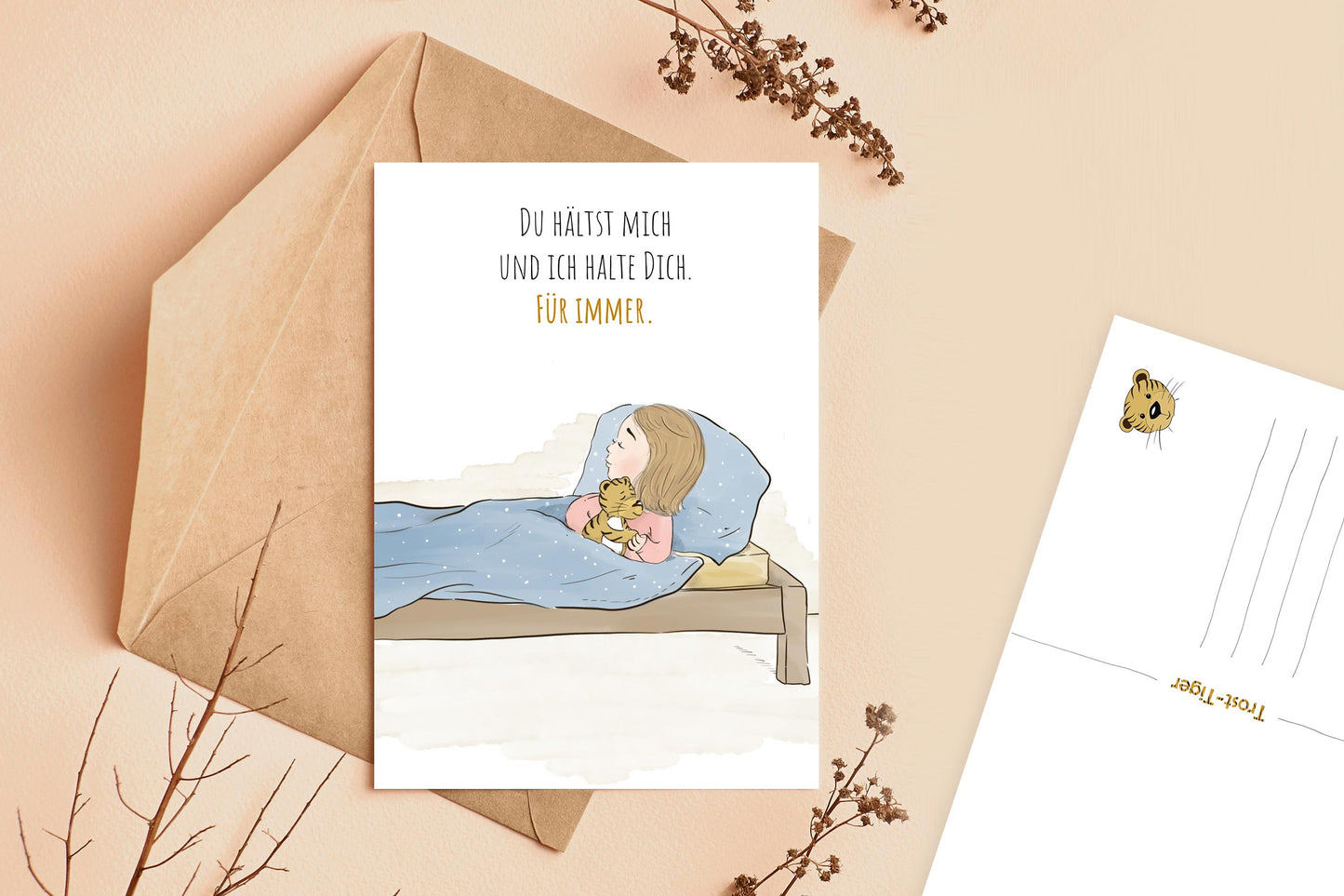 Trost-Tiger Postkarte mit Spruch "Halte mich fest"