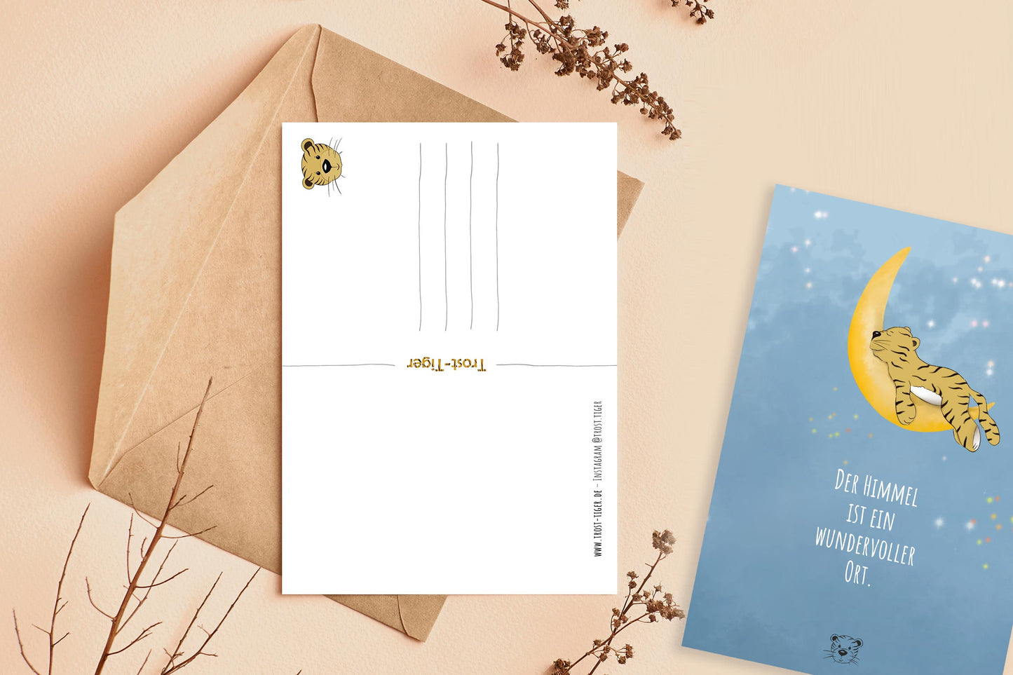 Trost-Tiger Postkarte mit Spruch "Der Himmel ist ein wundervoller Ort"