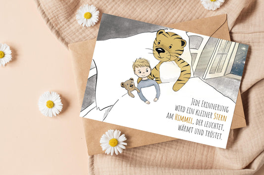 Trost-Tiger, Postkarte mit Spruch "Jede Erinnerung wird ein kleiner Stern am Himmel"