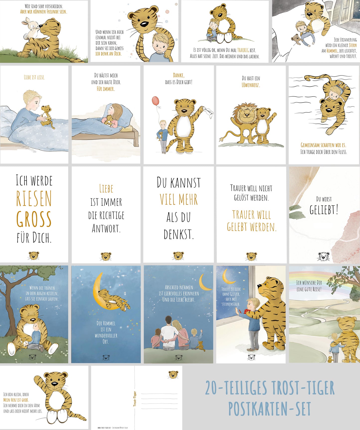 Das große „Trost-Tiger“ Paket: Kuscheltier-Duo und Kinderbuch im Rucksack mit Postkarten-Set