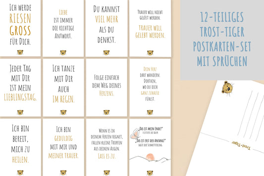 Das große 12-teilige Trost-Tiger Postkarten-Set mit mutmachenden Sprüchen