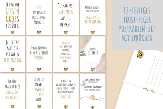 Das große 12-teilige Trost-Tiger Postkarten-Set mit mutmachenden Sprüchen