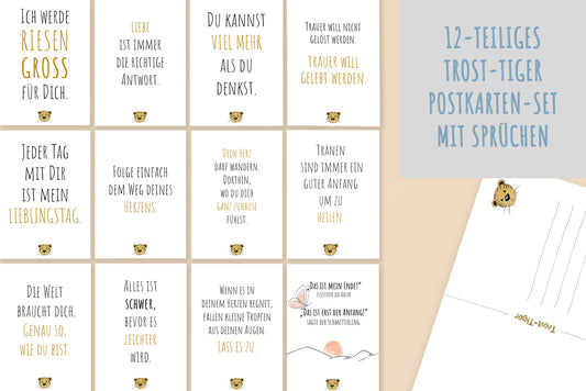 Das große 12-teilige Trost-Tiger Postkarten-Set mit mutmachenden Sprüchen