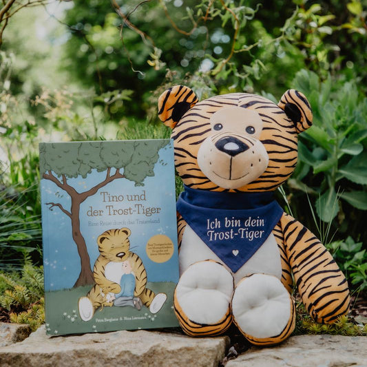 Trost-Tiger Kinderbuch-Paket mit personalisiertem Halstuch + Poster