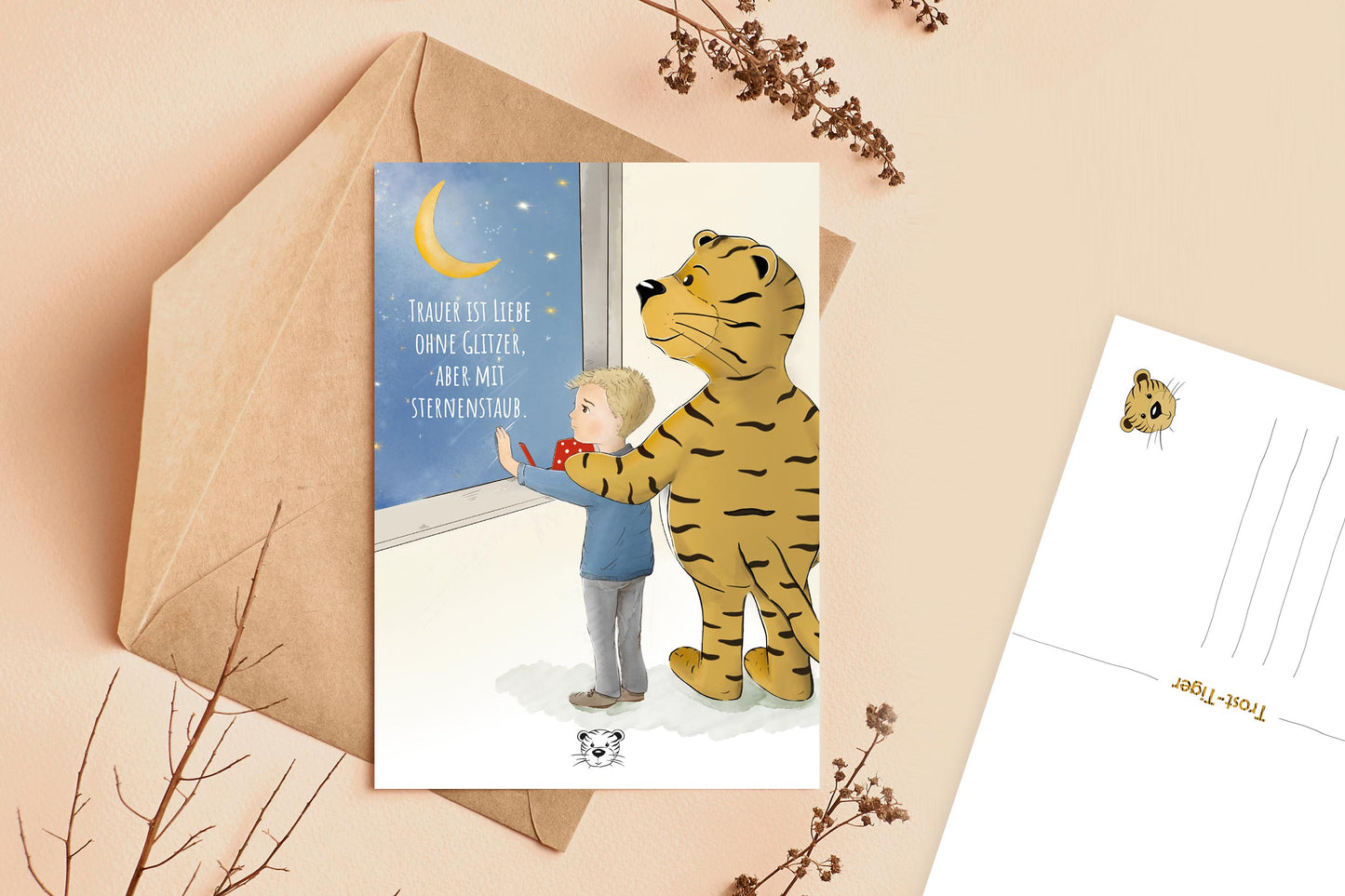 Trost-Tiger Postkarte mit Spruch "Trauer ist Liebe mit Sternenstaub"