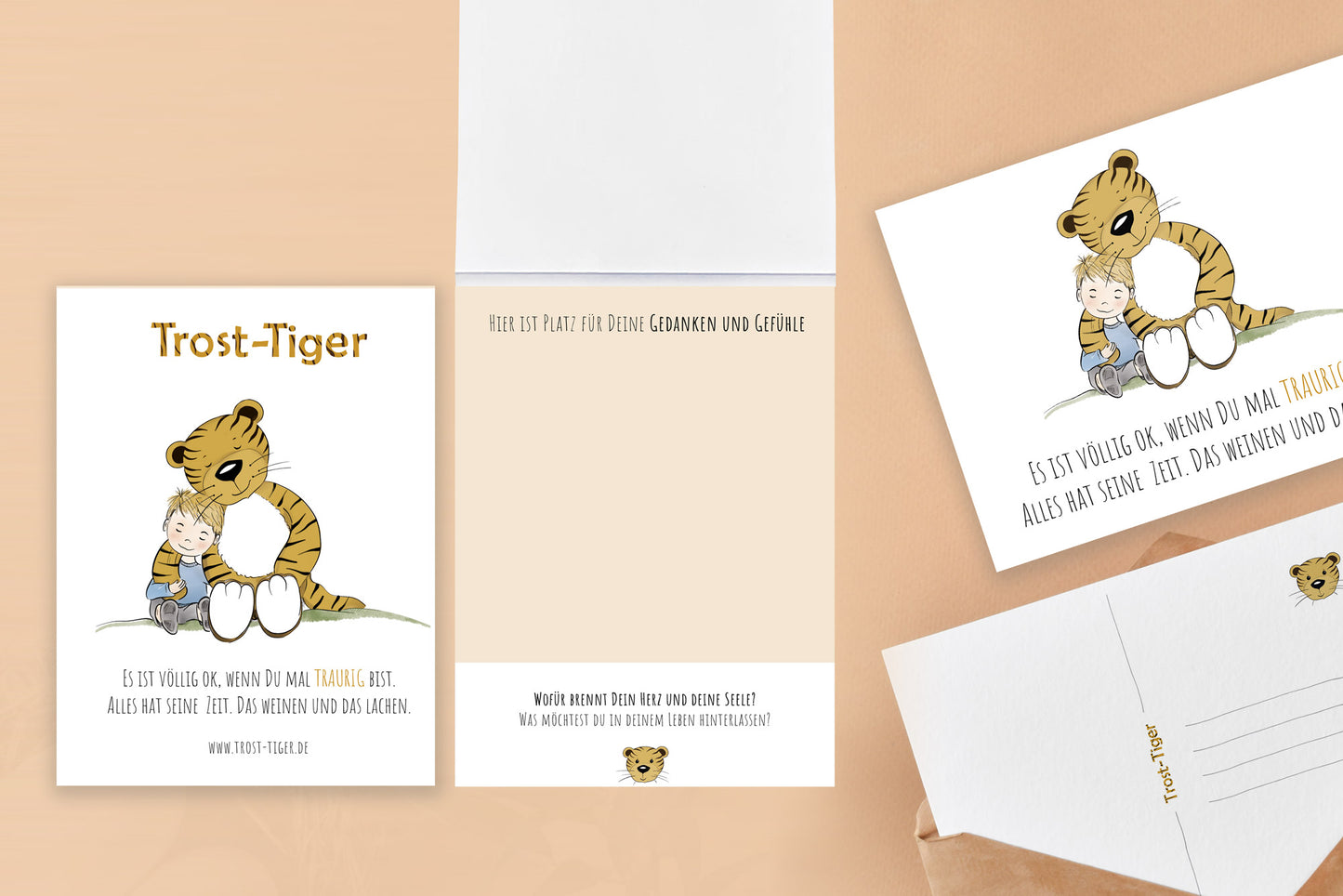 Trost-Tiger Block und Postkarte (mit Umschlag) für Deine Gedanken und Gefühle