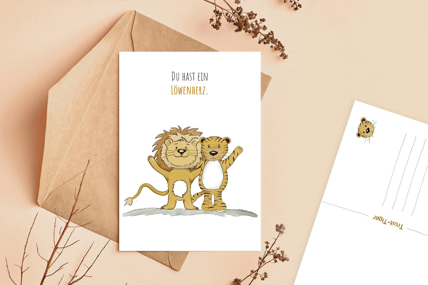 Trost-Tiger Postkarte mit Spruch "Du hast ein Löwenherz"