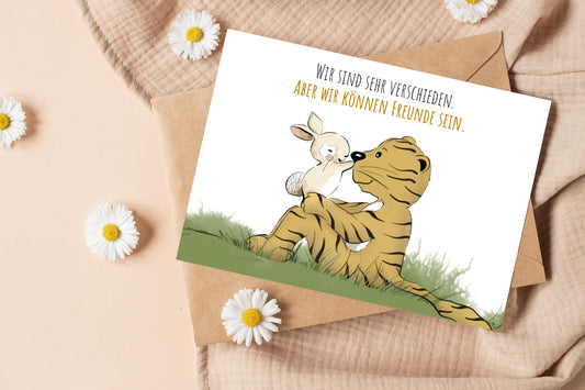 Trost-Tiger Postkarte mit Spruch "Freunde"