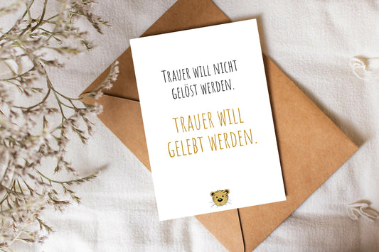 Trost-Tiger Postkarte mit Spruch "Trauer will gelebt werden"