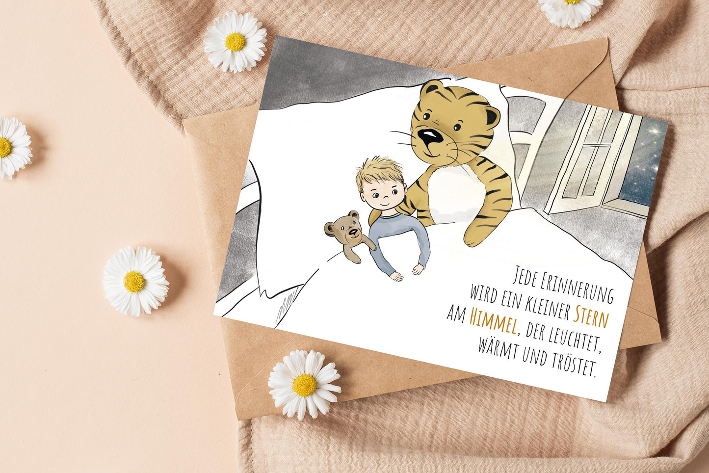 Trost-Tiger, Postkarte mit Spruch "Jede Erinnerung wird ein kleiner Stern am Himmel"