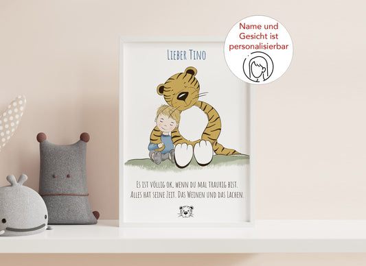 Postkarte "Trost-Tiger tröstet", personalisierbar, DIN A6 hochkant